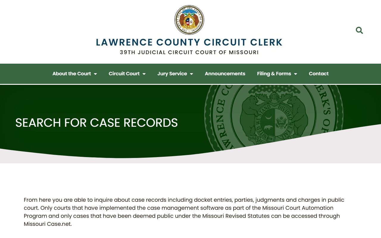 Lawrence County Circuit Clerk case search page linking to Missouri Case.net