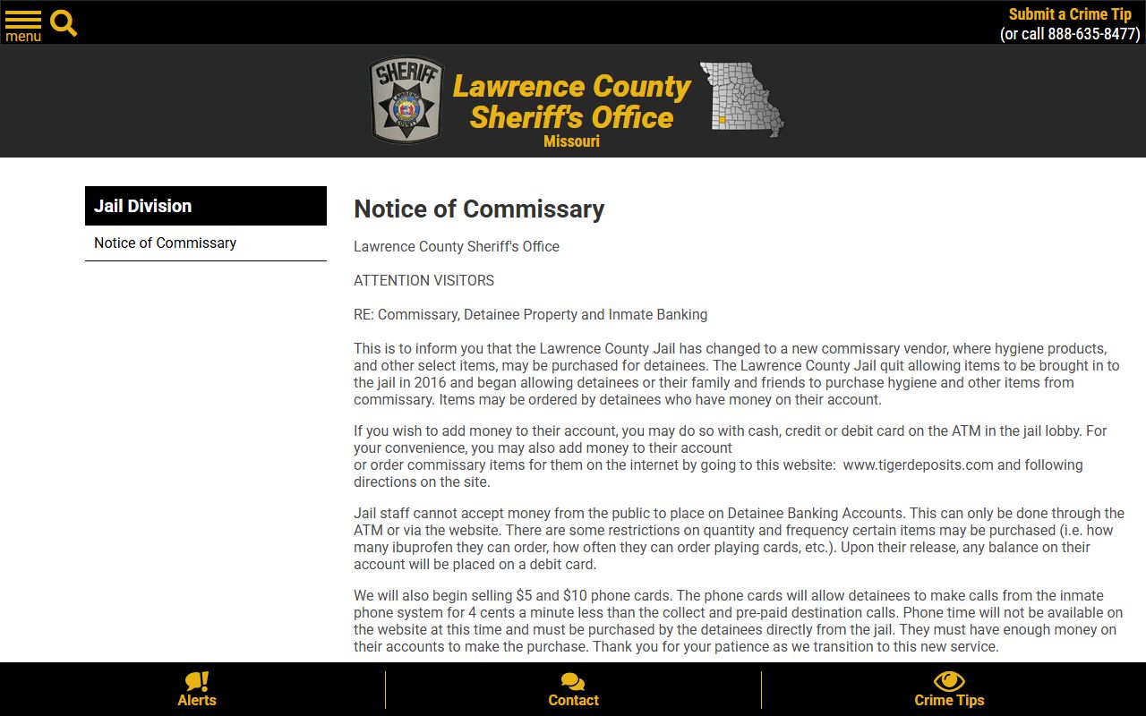 Lawrence County Jail commissary and inmate money notice