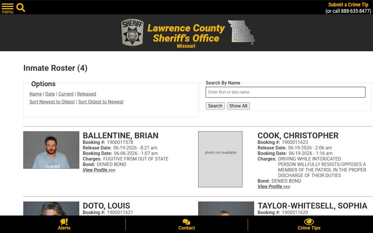 Lawrence County 48-hour release roster for recently released detention center entries
