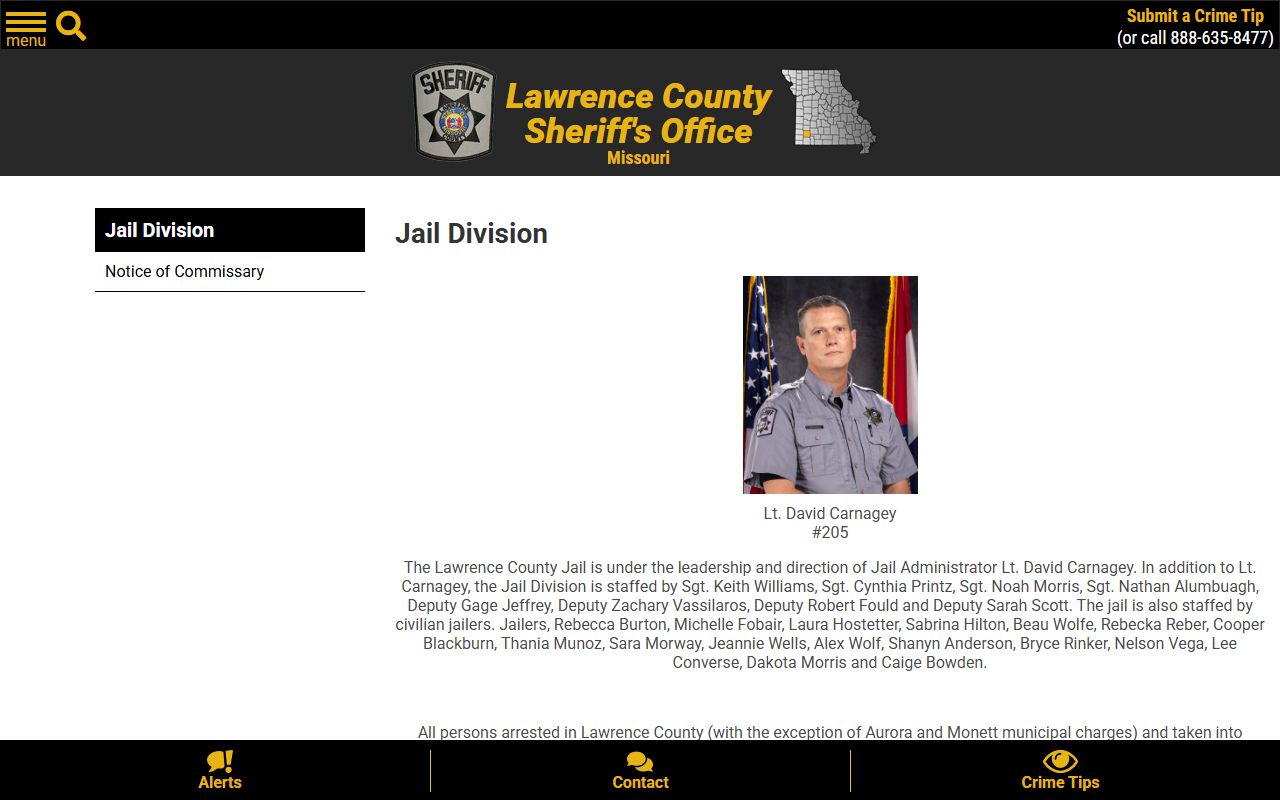 Lawrence County inmate records Jail Division information for custody and jail services